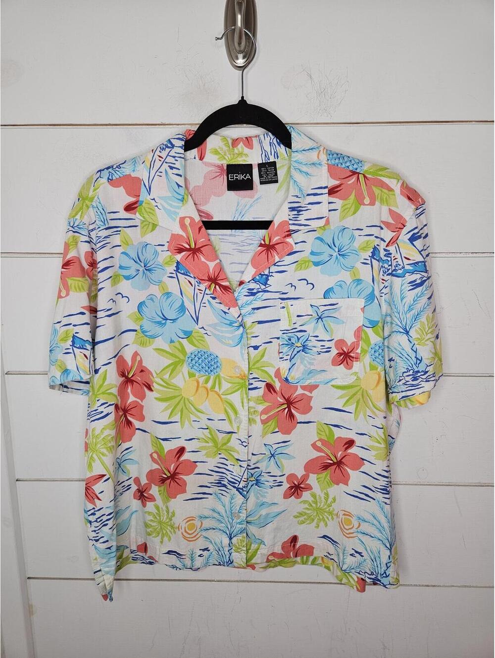 Erika large island Hawaiian floral print button down blouse